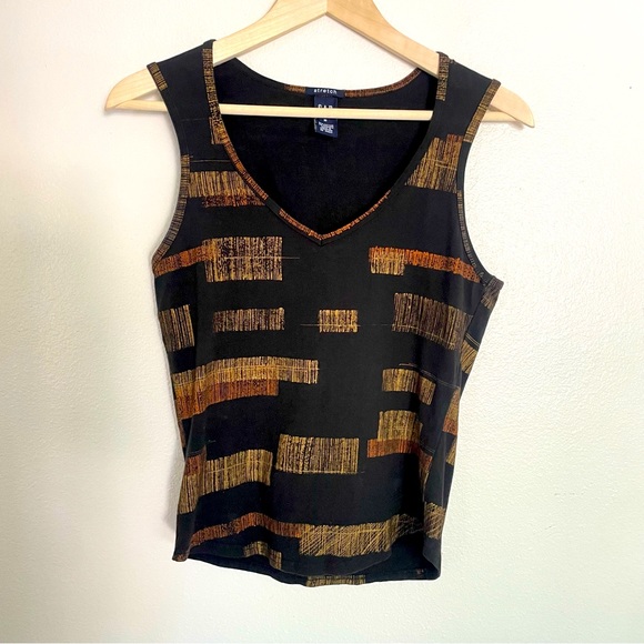 GAP Tops - Gap Stretch V-Neck Tank Top Black & Orange Abstract Print Size Medium